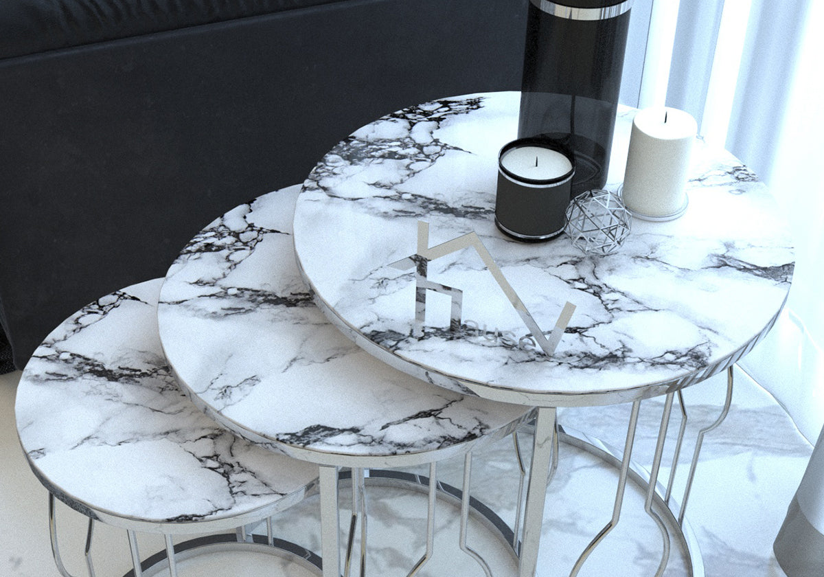 Beyaz Mermer Desen Kırılmaz Camlı Gümüş Metal Zigon Sehpa MELODİ