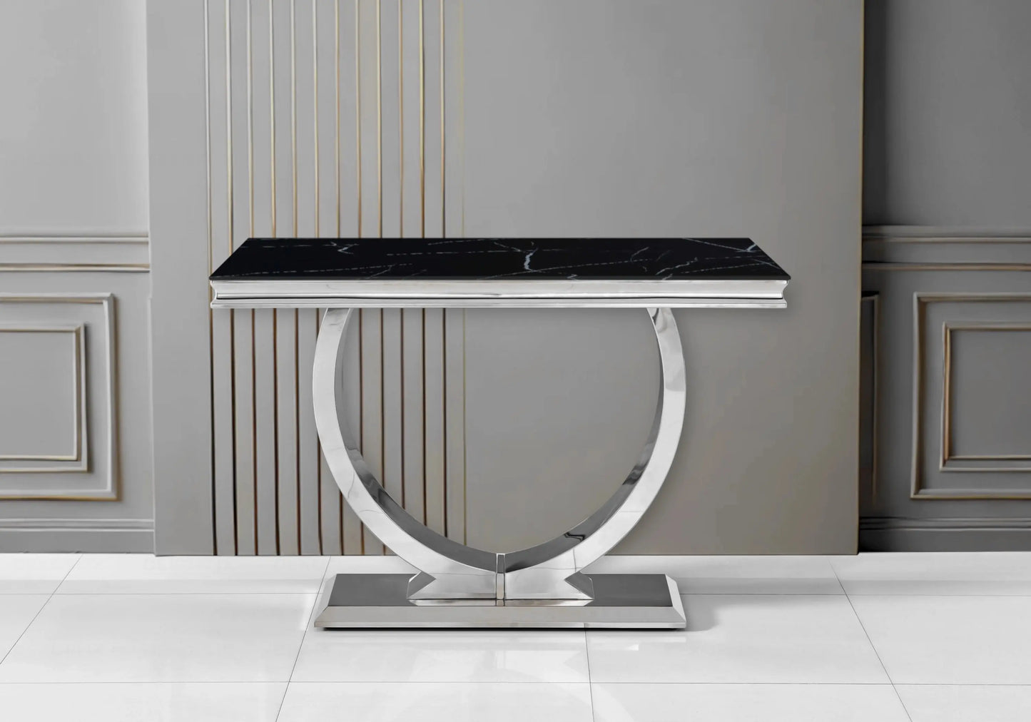 Table marbre noir et chaises médaillon noir chromé BOBO