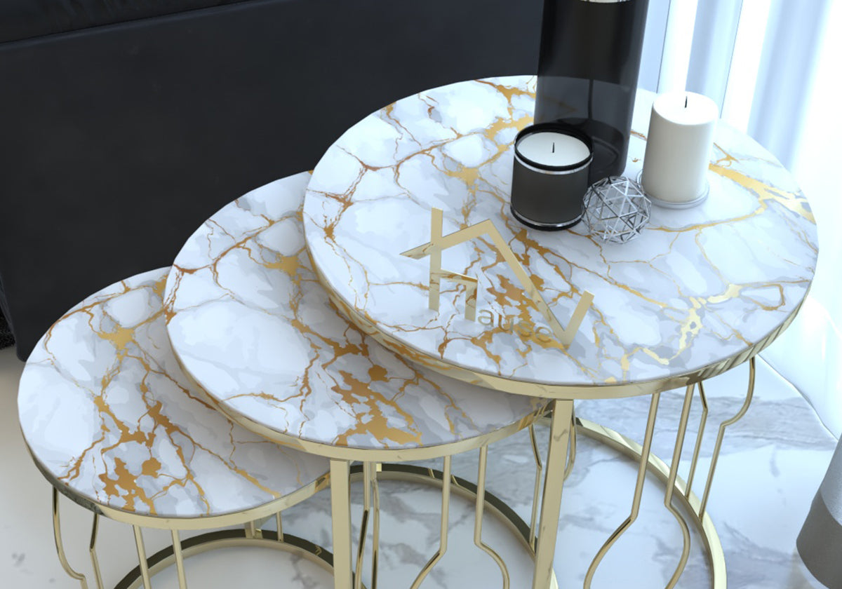 Sarı Mermer Kırılmaz Camlı Telli Gold Metal Zigon Sehpa MELODİ