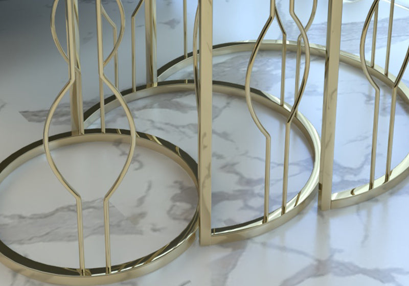 Sarı Mermer Kırılmaz Camlı Telli Gold Metal Zigon Sehpa MELODİ