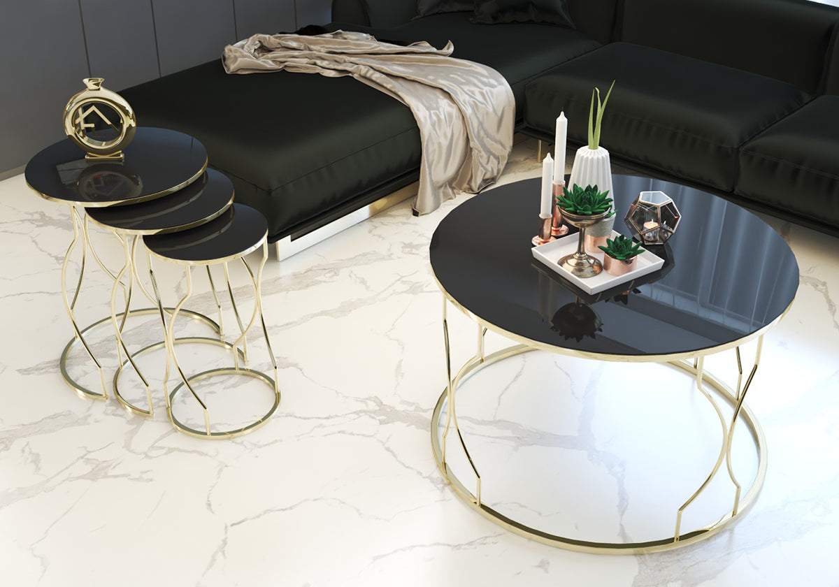 Siyah Kırılmaz Camlı Gold Metal Zigon Sehpa RÜYA