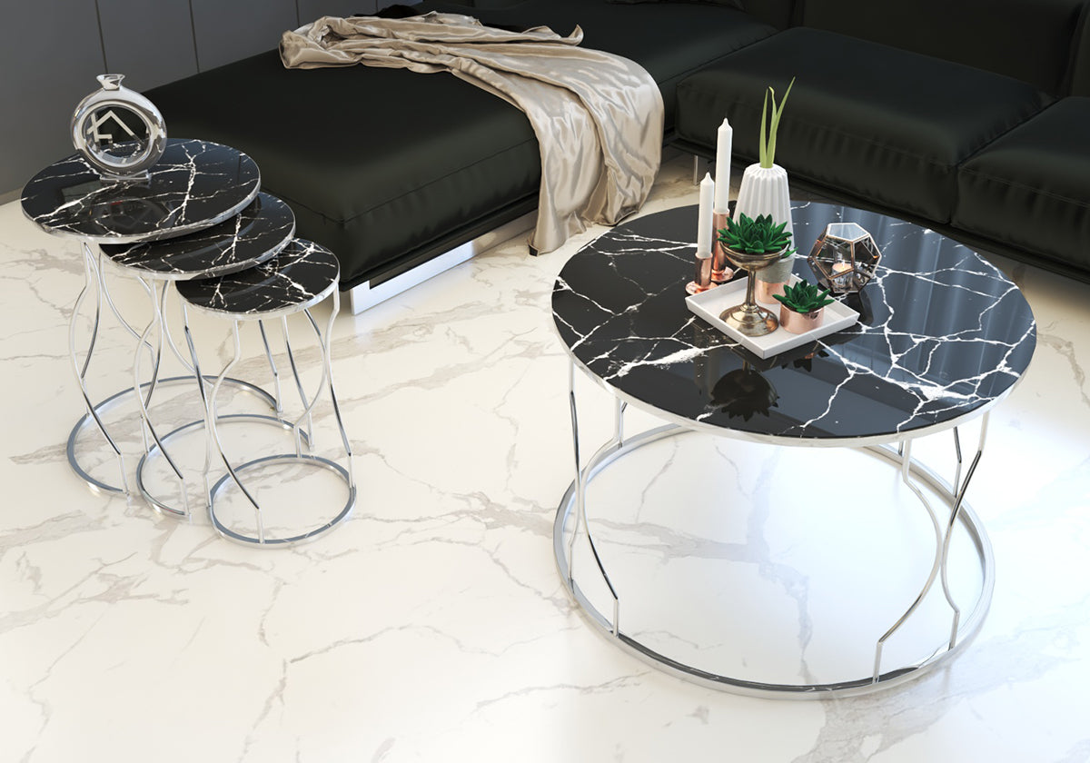 Siyah Mermer Kırılmaz Camlı Gümüş Metal Zigon Sehpa RÜYA