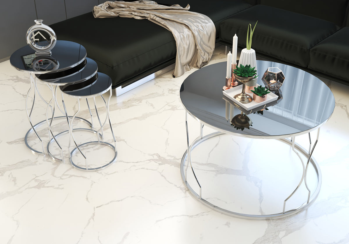 Siyah Kırılmaz Camlı Gümüş Metal Zigon Sehpa RÜYA