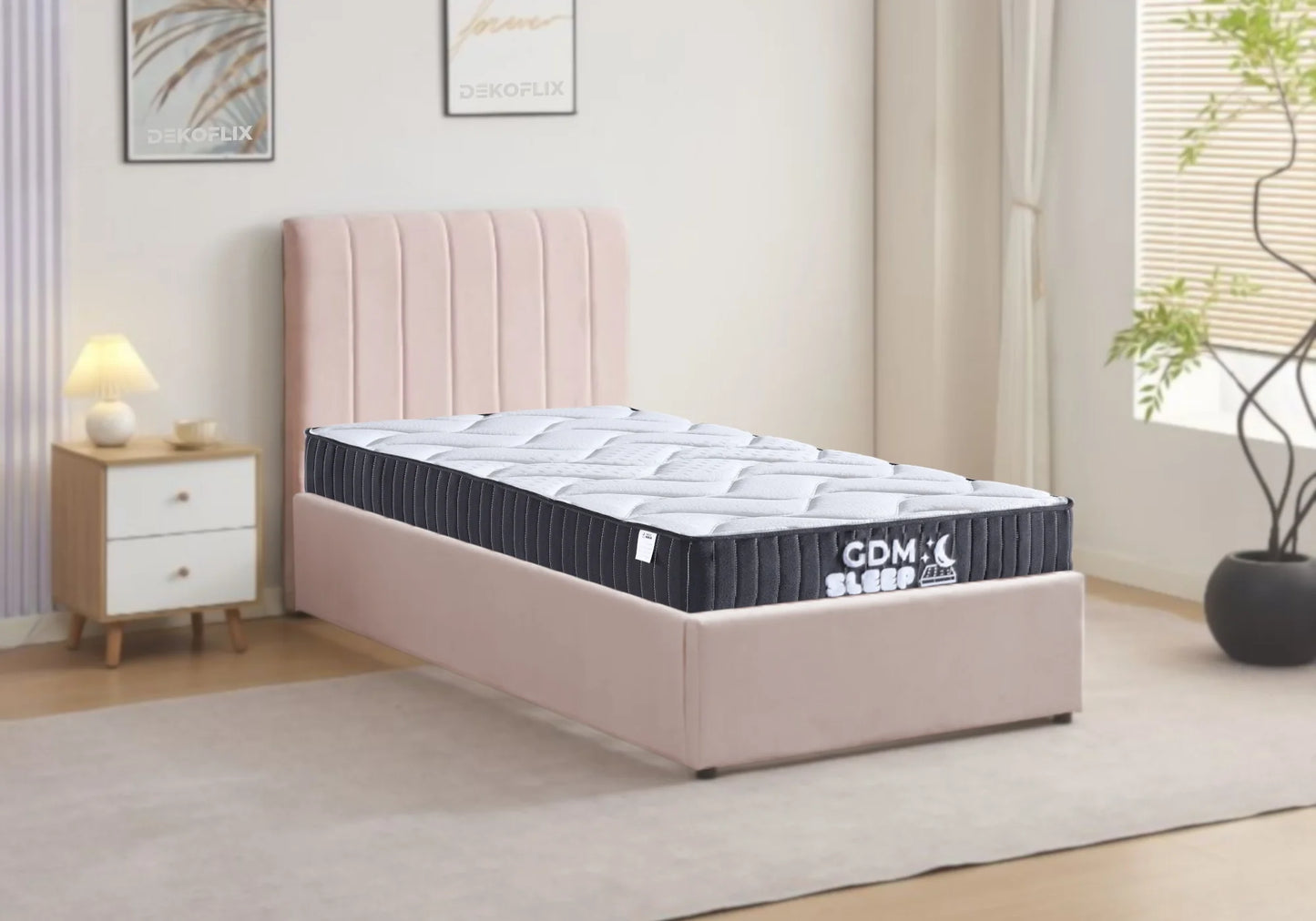 Ensemble Lit Coffre 90x190 Velours Rose Poudré & Matelas – KORA